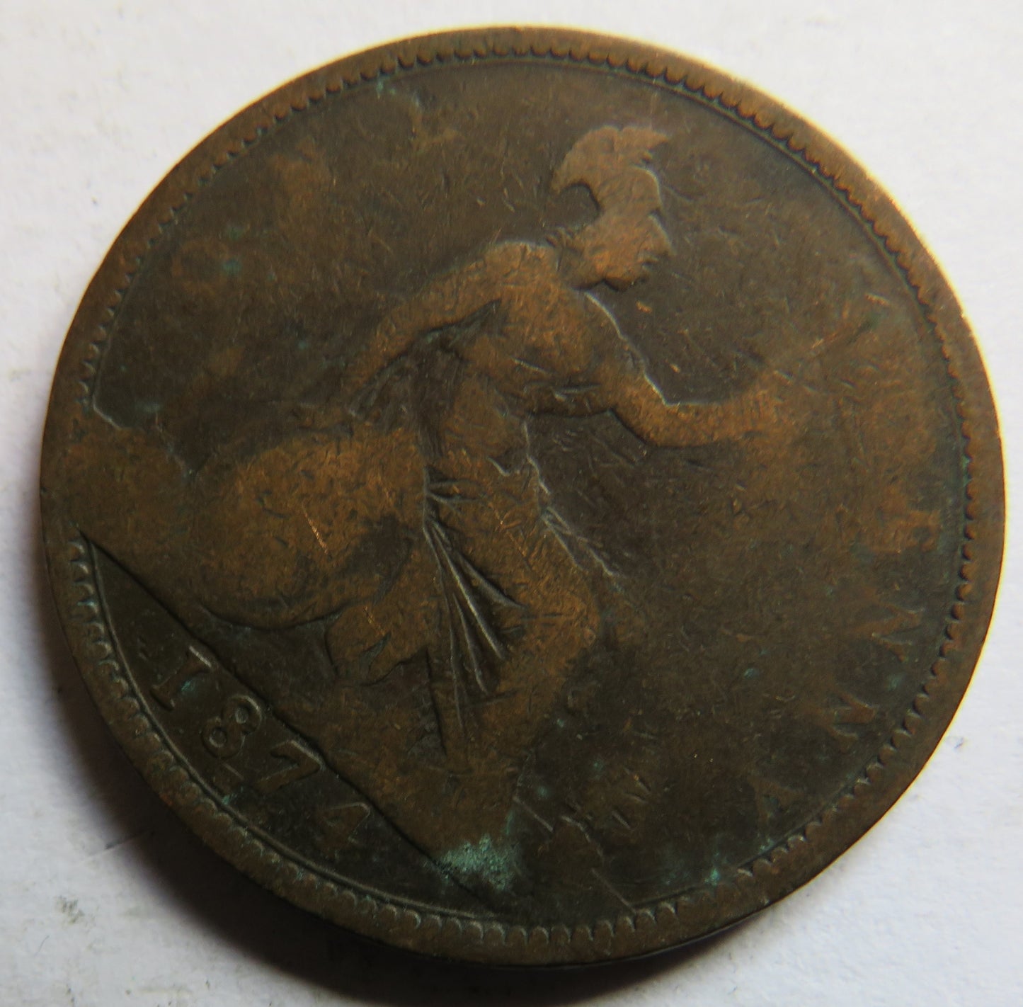 1874-H Queen Victoria Bun Head One Penny Coin - Great Britain