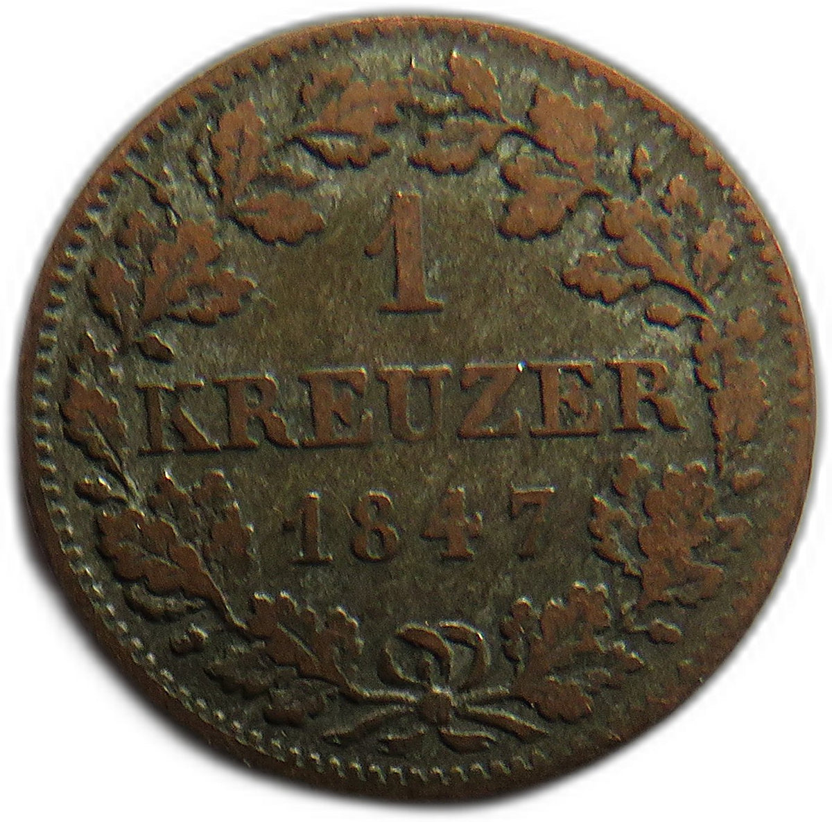 1847 German States Bavaria One Kreuzer Coin