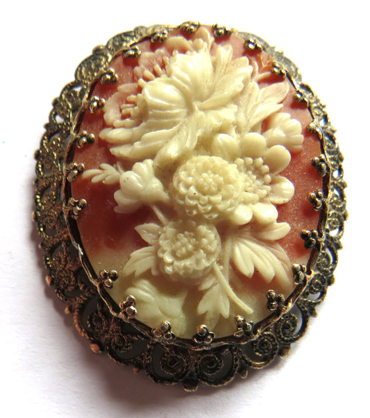 Vintage Ladies Cameo Style Floral Brooch From Hong Kong