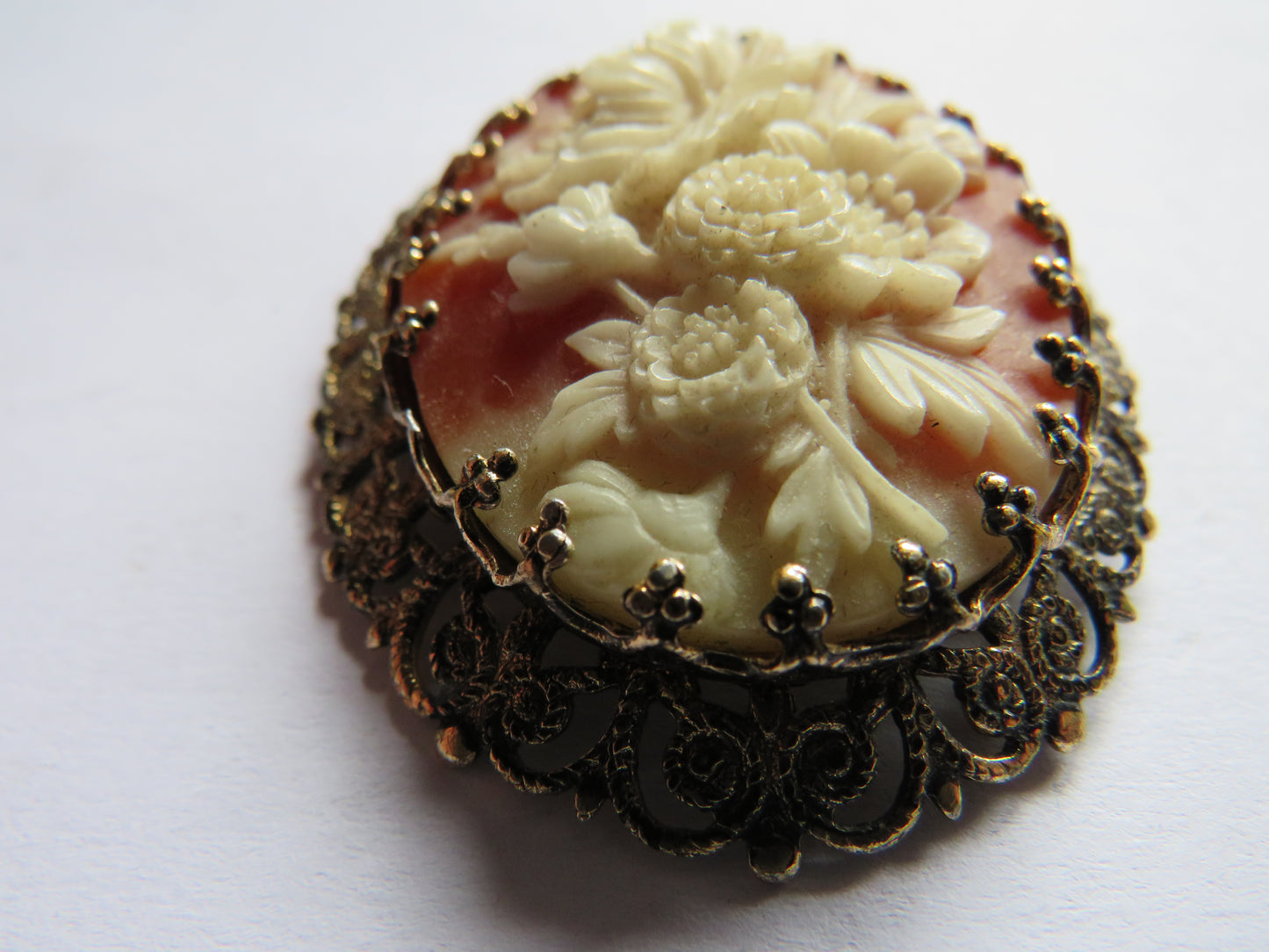 Vintage Ladies Cameo Style Floral Brooch From Hong Kong