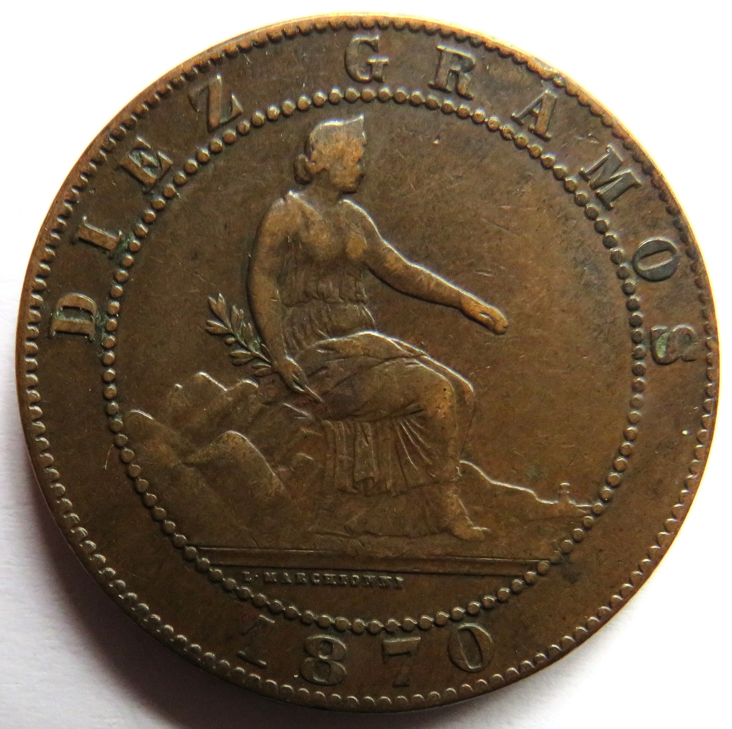 1870 Spain 10 Centimos Coin