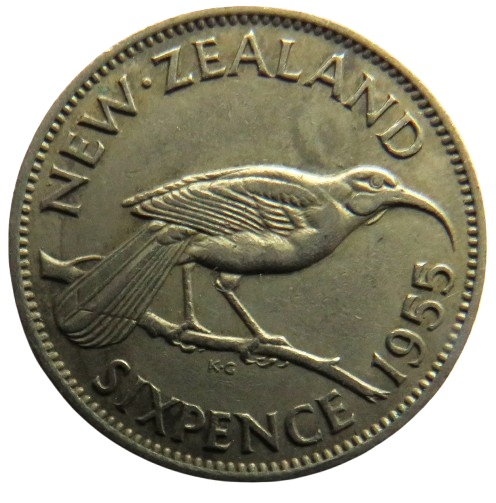 1955 Queen Elizabeth II New Zealand Sixpence Coin
