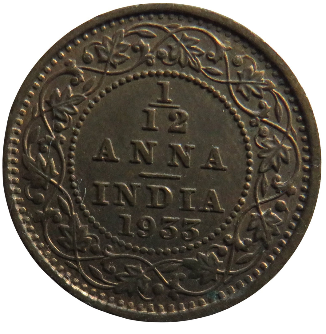 1933 King George V India 1/12th Anna Coin High Grade