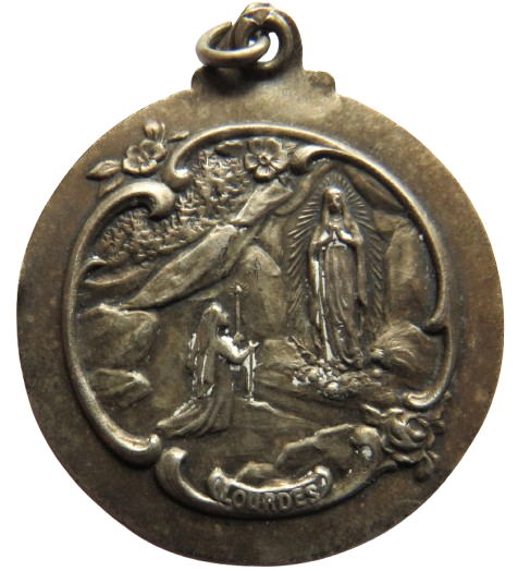 Antique French White Metal Pendant / Medal "Lourdes"