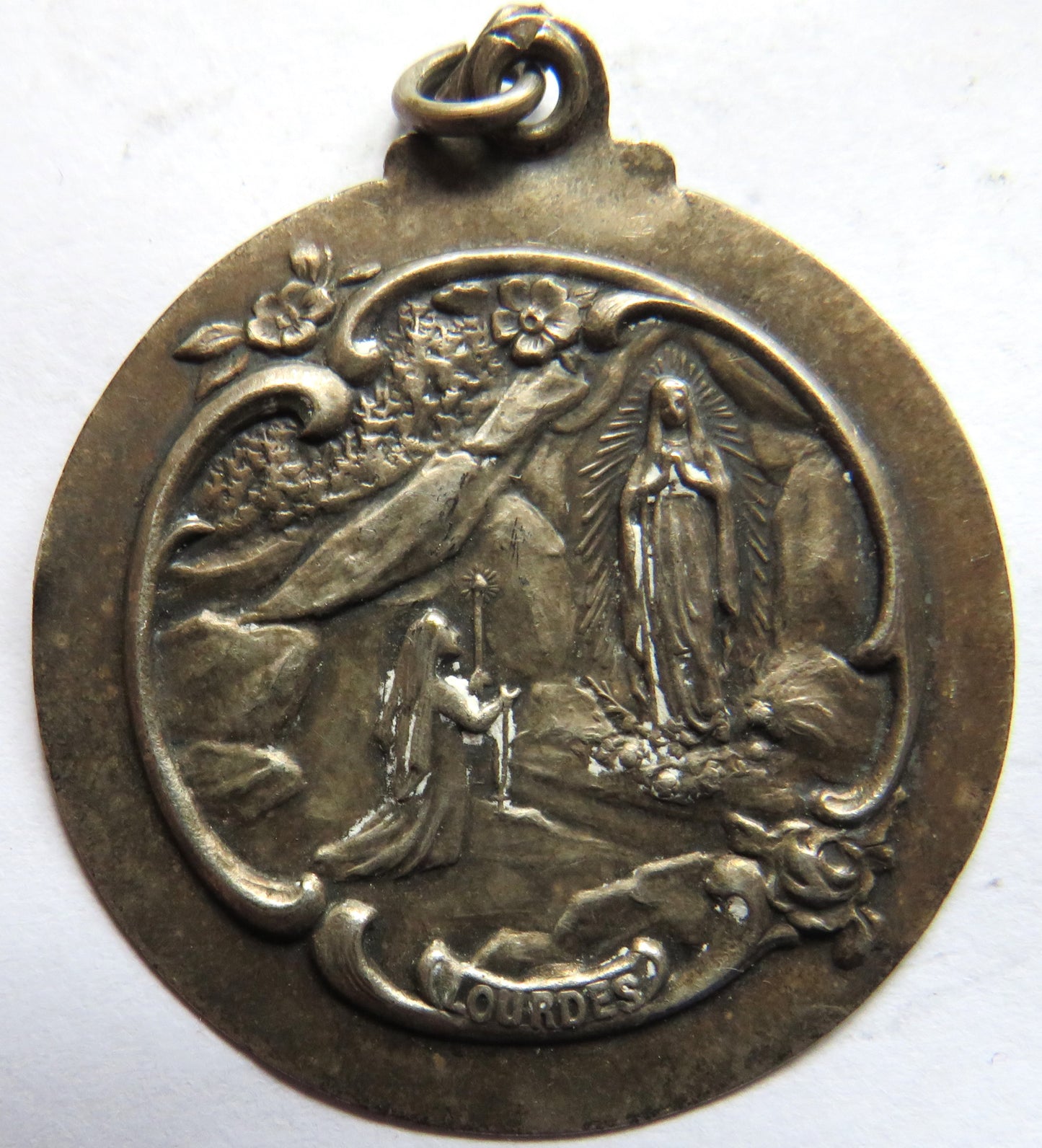 Antique French White Metal Pendant / Medal "Lourdes"