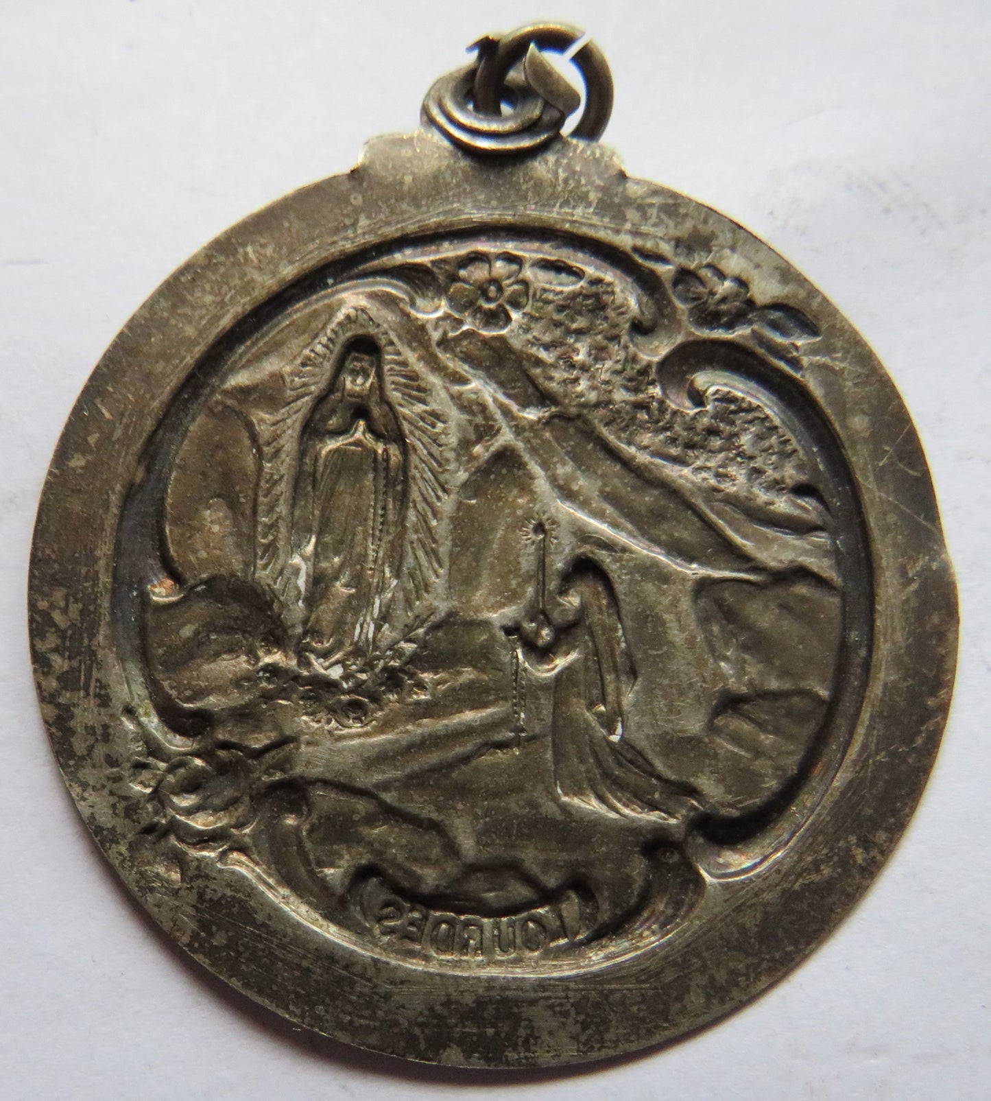 Antique French White Metal Pendant / Medal "Lourdes"
