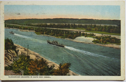 Vintage Shipping Postcard of Submarine Chasers In Cape Cod Canal