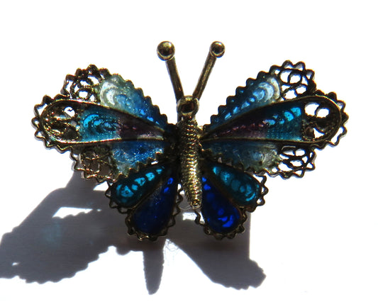 Vintage Continental .800 Silver & Enamel Filigree Butterfly Brooch