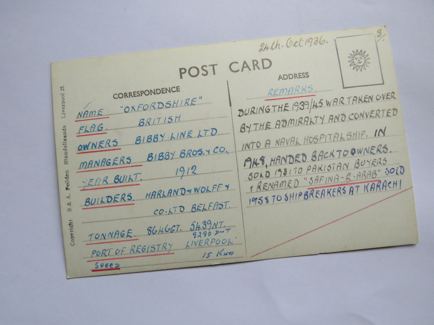 Vintage Shipping Postcard of S.S. "Oxfordshire"
