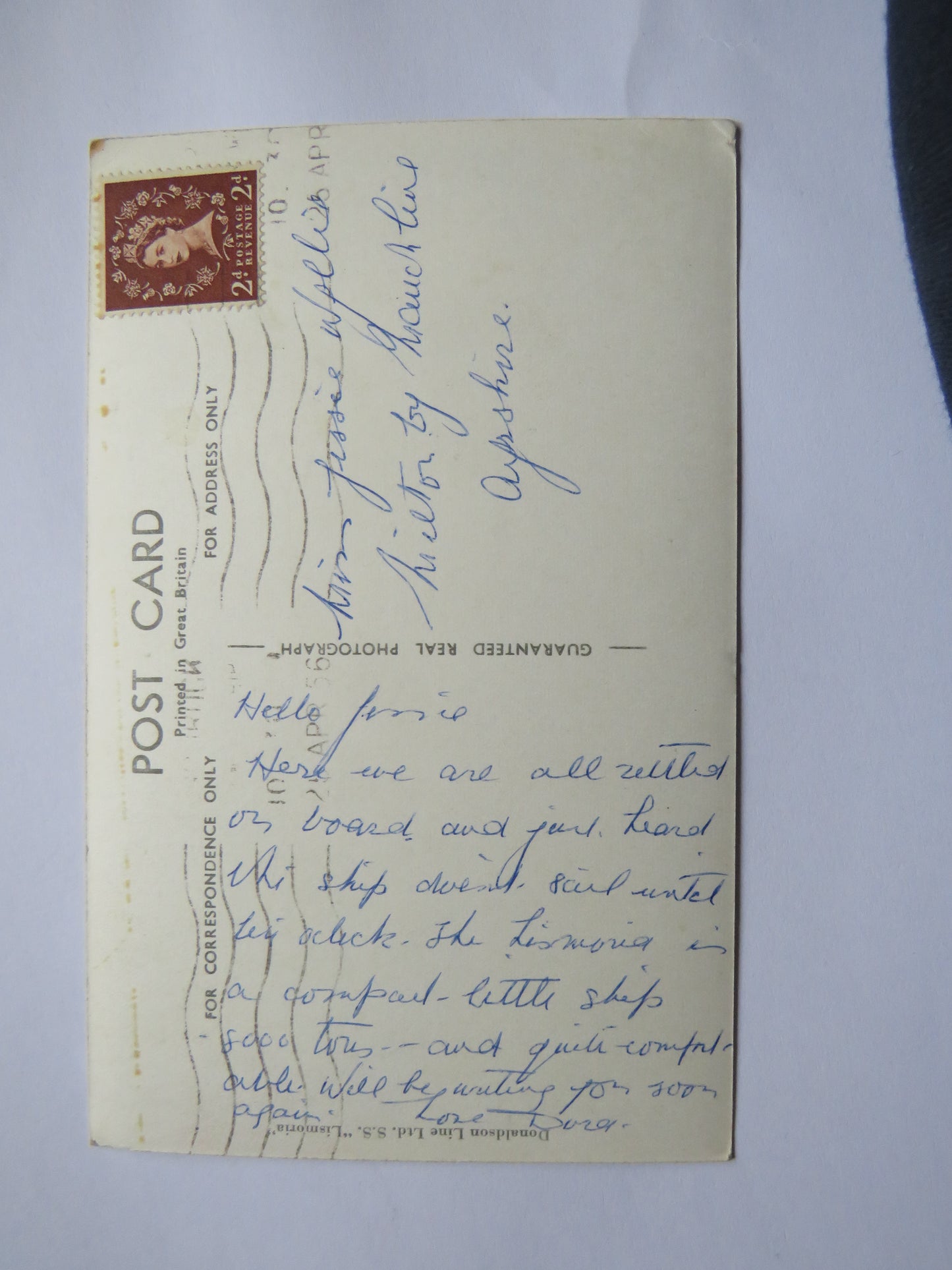 Vintage Shipping Postcard of Donaldson Line Ltd S.S."Lismoria"