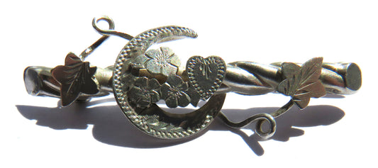 Antique Victorian Sterling Silver Floral Moon Brooch Birmingham 1900