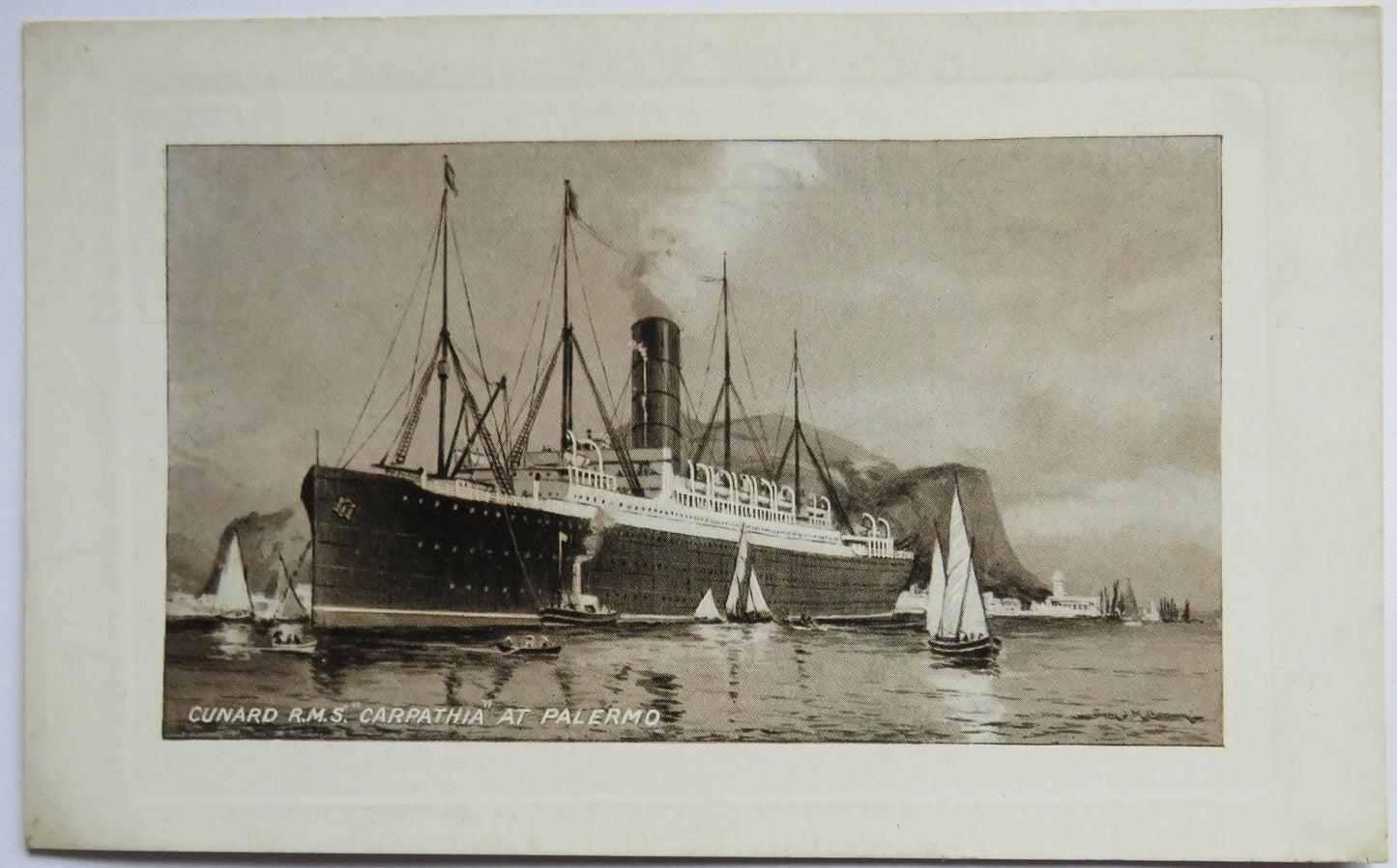 Original Postcard of Cunard R.M.S. Carpathia At Palermo Titanic Rescue Vessel