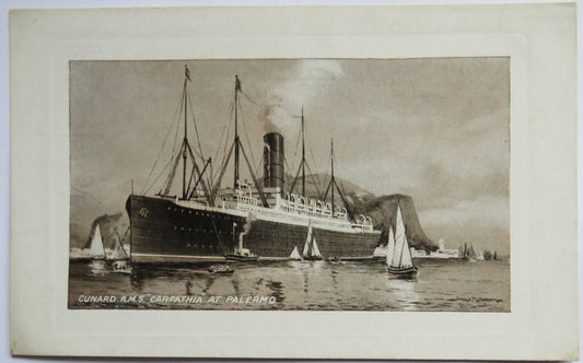 Original Postcard of Cunard R.M.S. Carpathia At Palermo Titanic Rescue Vessel