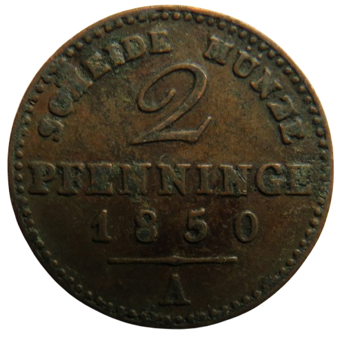 1850-A German States Prussia 2 Pfennig Coin