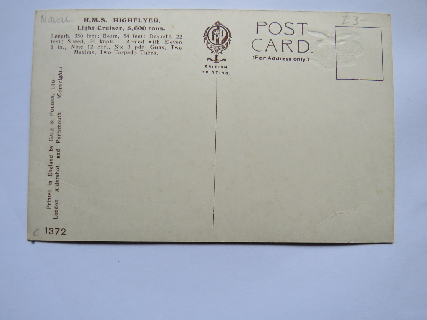 Vintage Warship Postcard of H.M.S / HMS "Highflyer" Light Cruiser
