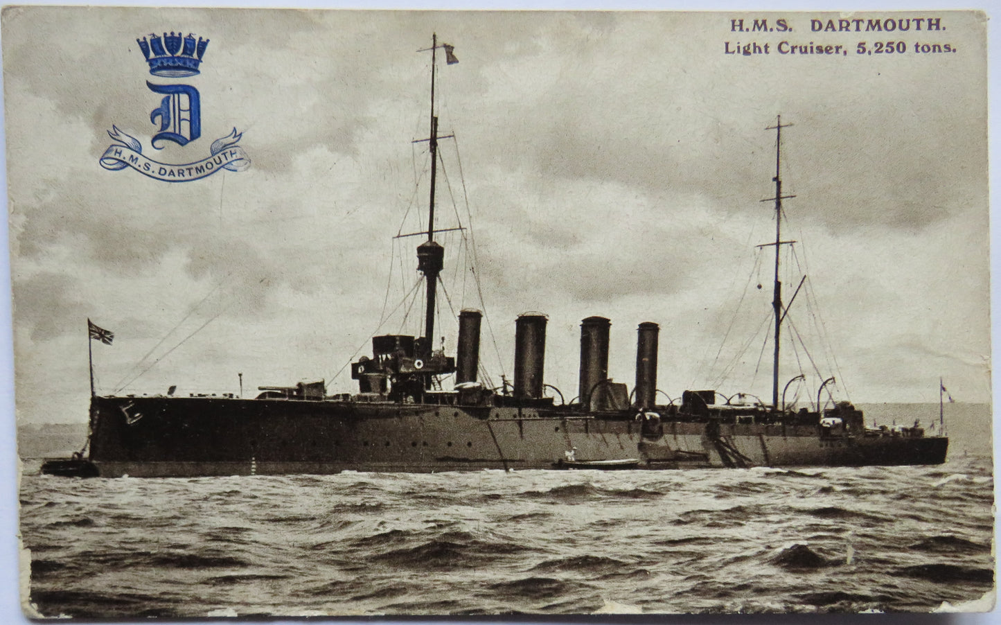 Vintage Warship Postcard of H.M.S / HMS "Dartmouth" Light Cruiser