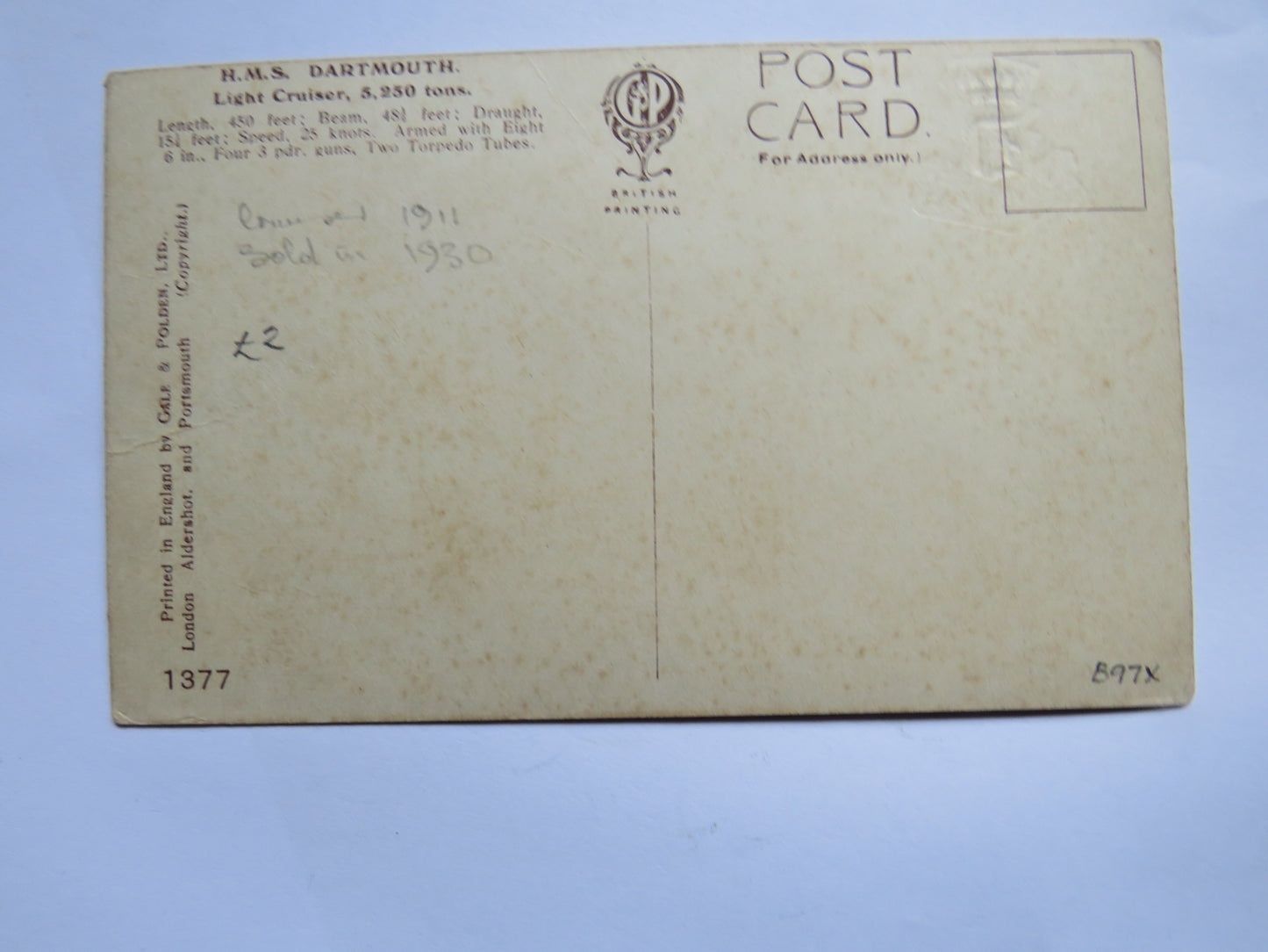 Vintage Warship Postcard of H.M.S / HMS "Dartmouth" Light Cruiser