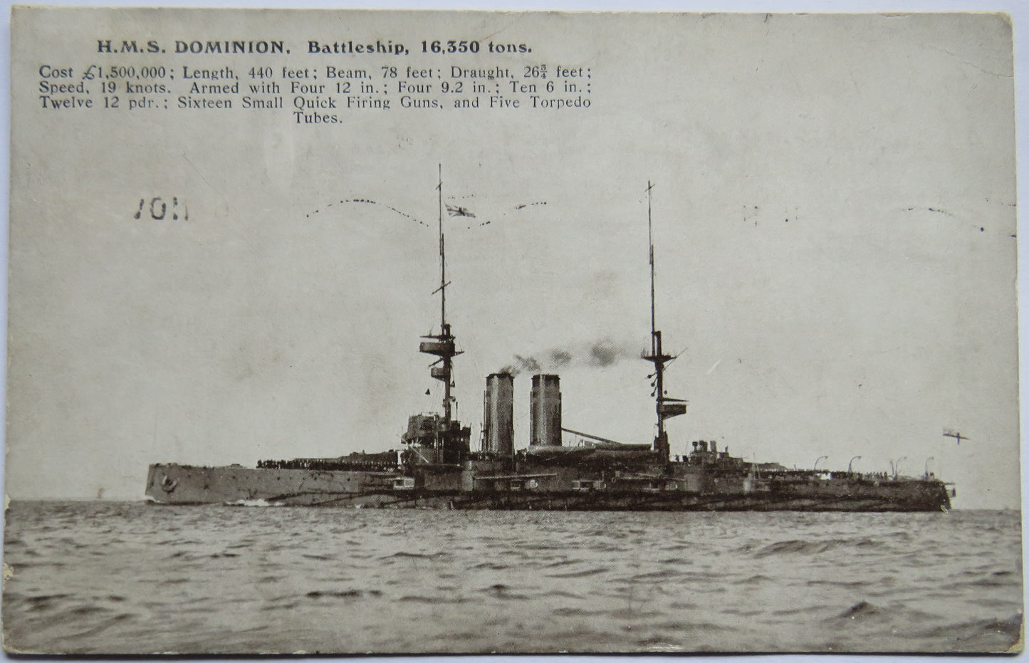 Vintage Warship Postcard of H.M.S / HMS "Dominion" Battleship