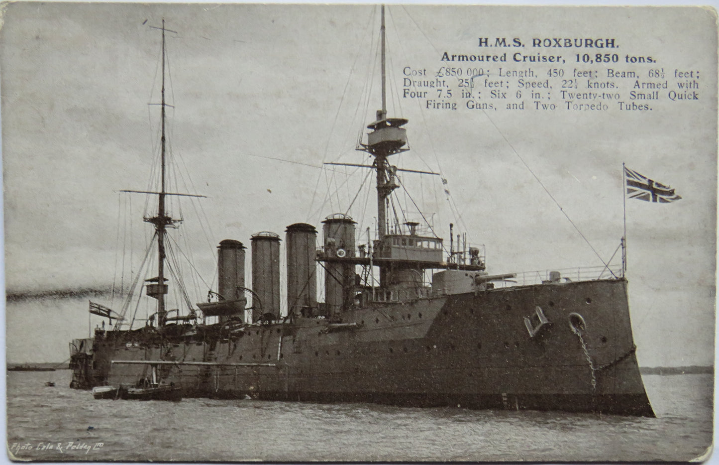 Vintage Warship Postcard of H.M.S / HMS "Roxburgh" Armoured Cruiser