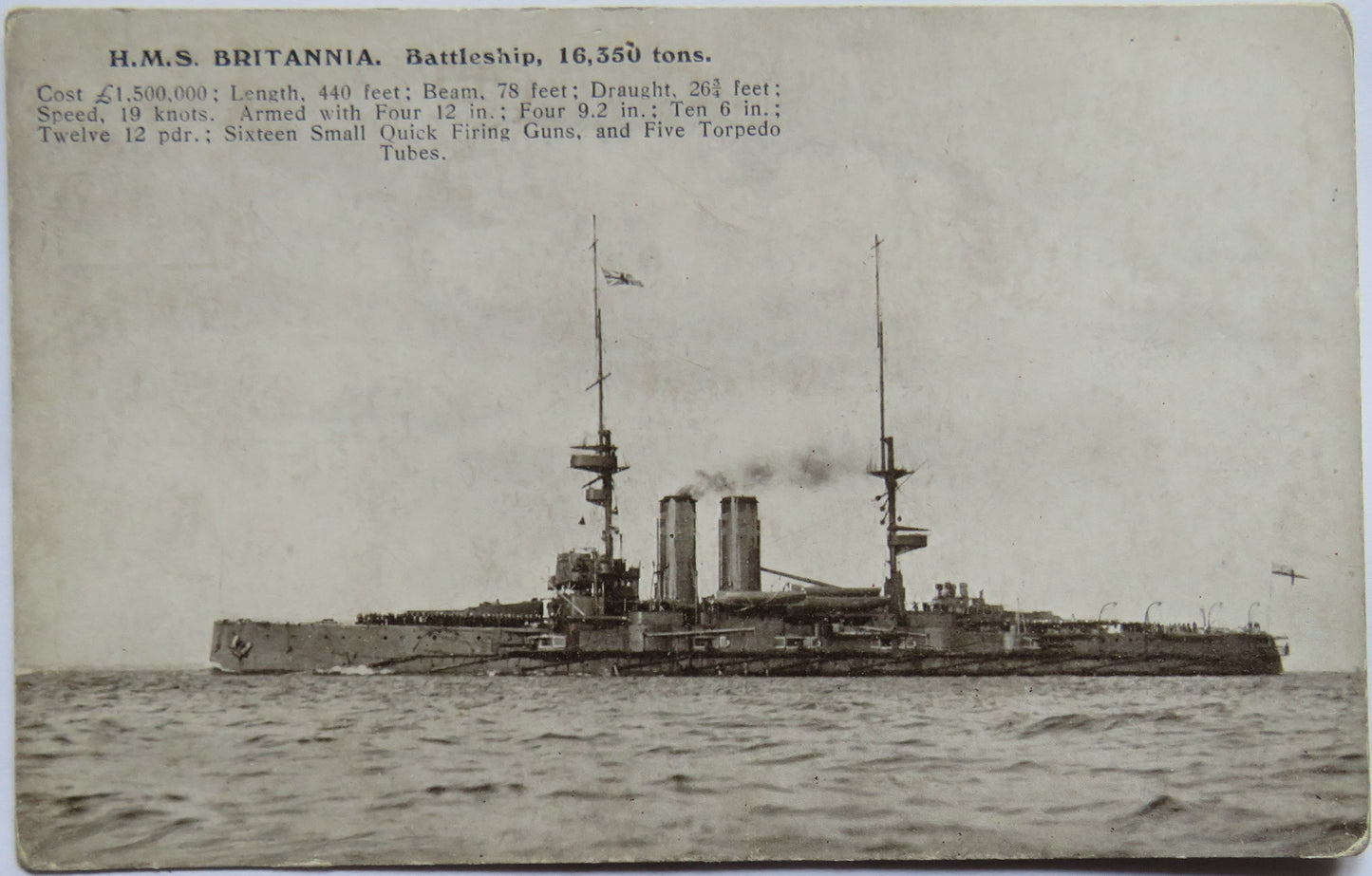 Vintage Warship Postcard of H.M.S / HMS "Britannia" Battleship