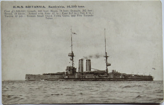 Vintage Warship Postcard of H.M.S / HMS "Britannia" Battleship