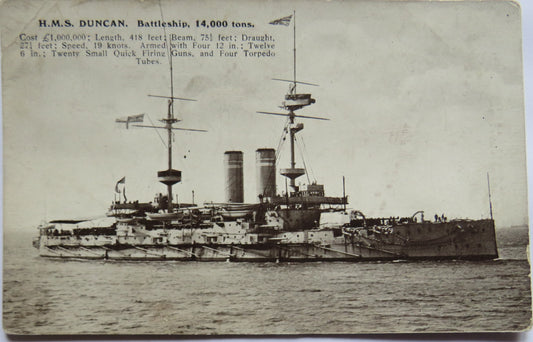 Vintage Warship Postcard of H.M.S / HMS "Duncan " Battleship