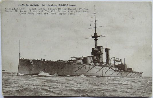 Vintage Warship Postcard of H.M.S / HMS "Ajax" Battleship
