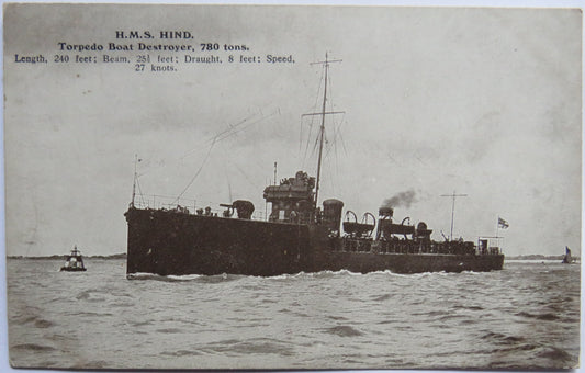 Vintage Warship Postcard of H.M.S / HMS "Hind" Torpedo Boat Destroyer