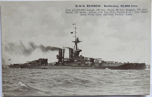 Vintage Warship Postcard of H.M.S / HMS "Benbow" Battleship