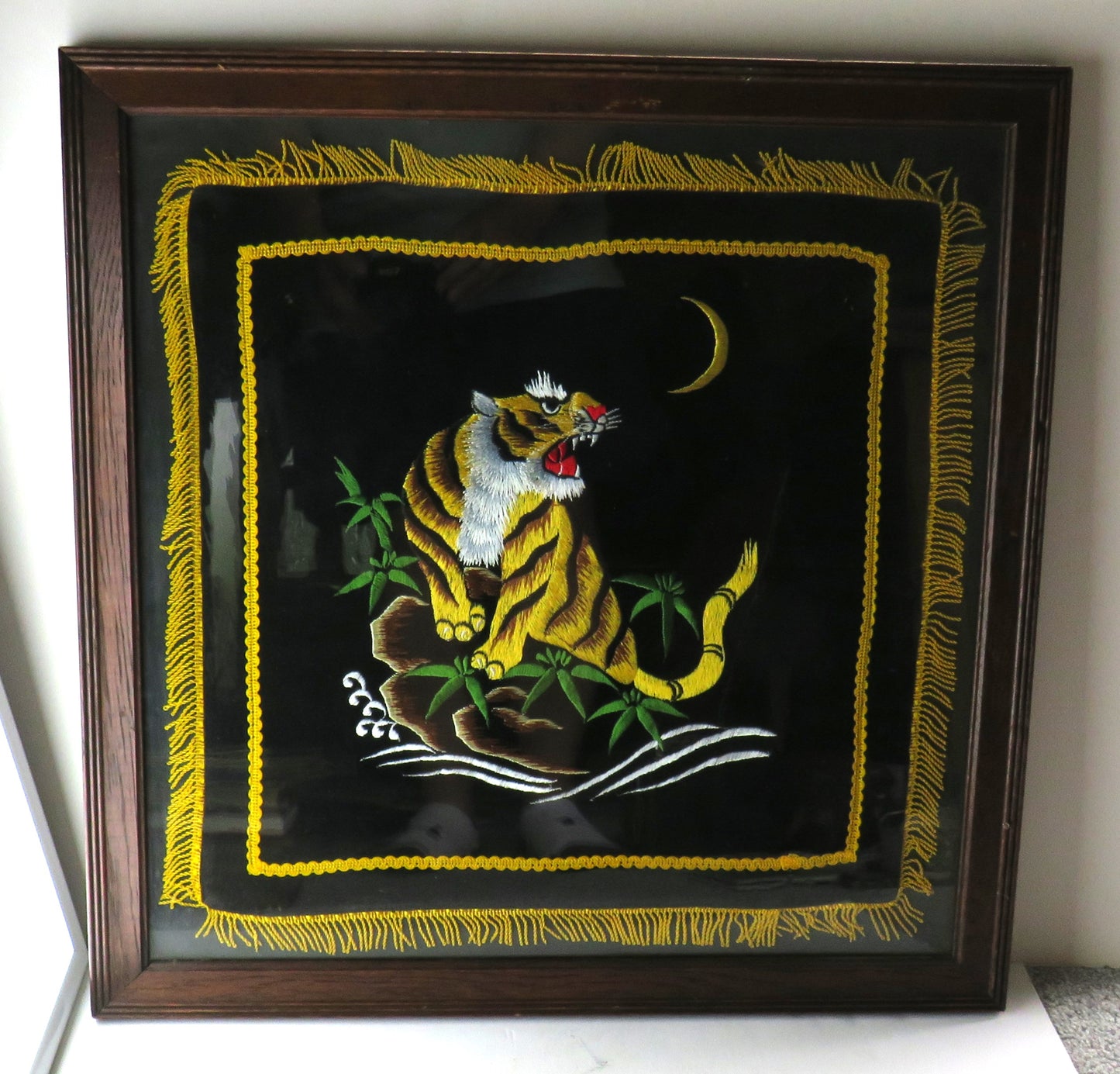 Vintage Embroidered Tiger Framed Picture Artwork