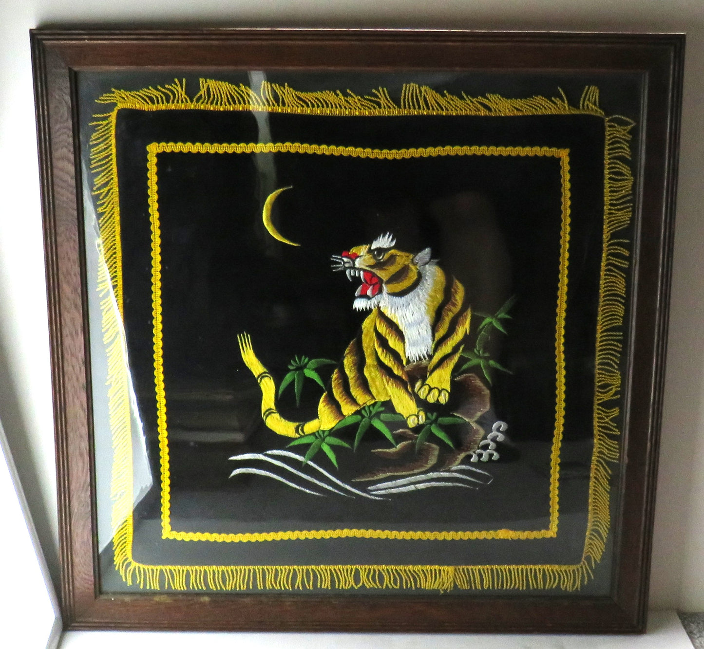 Vintage Embroidered Tiger Framed Picture Artwork