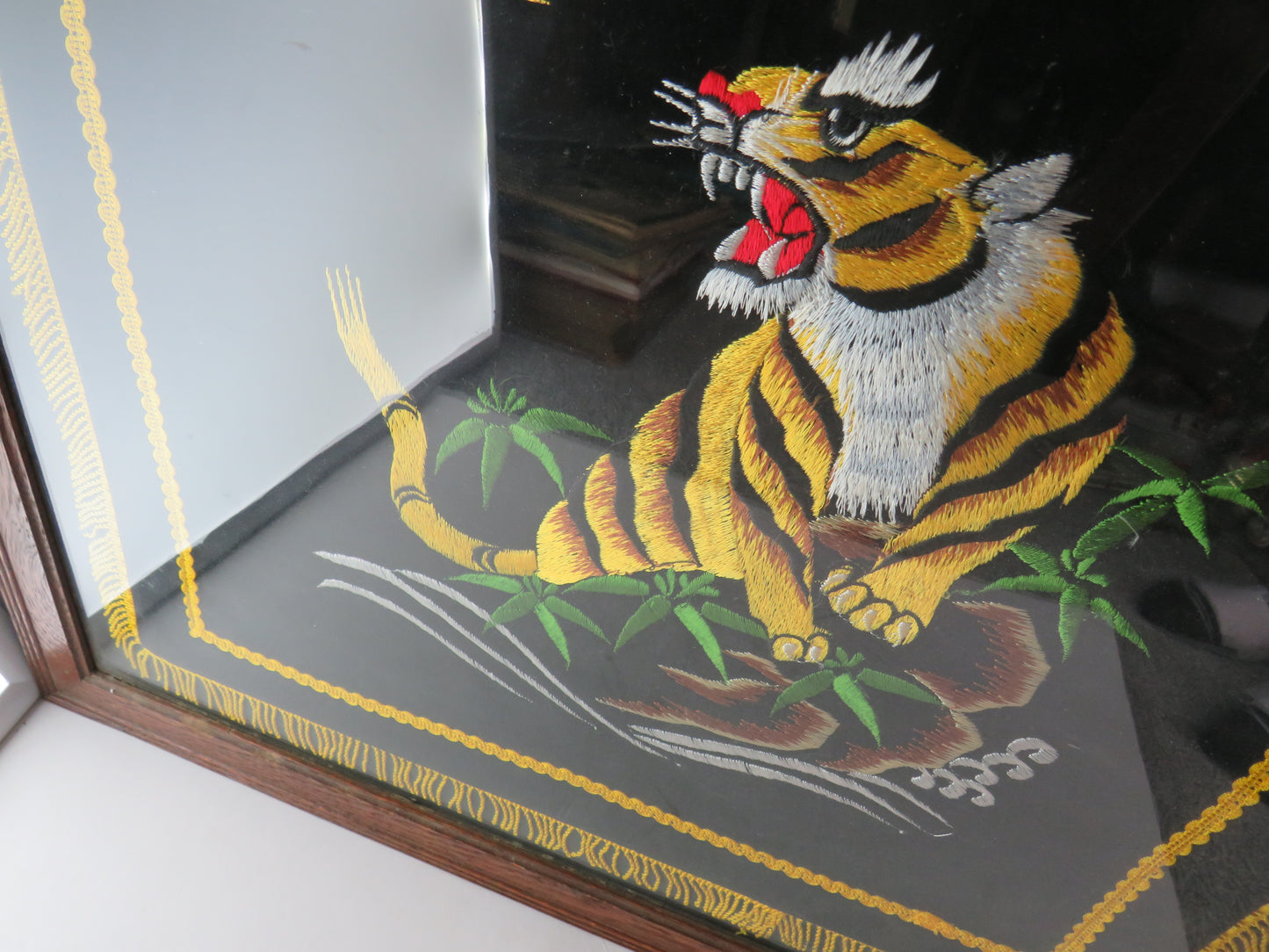 Vintage Embroidered Tiger Framed Picture Artwork