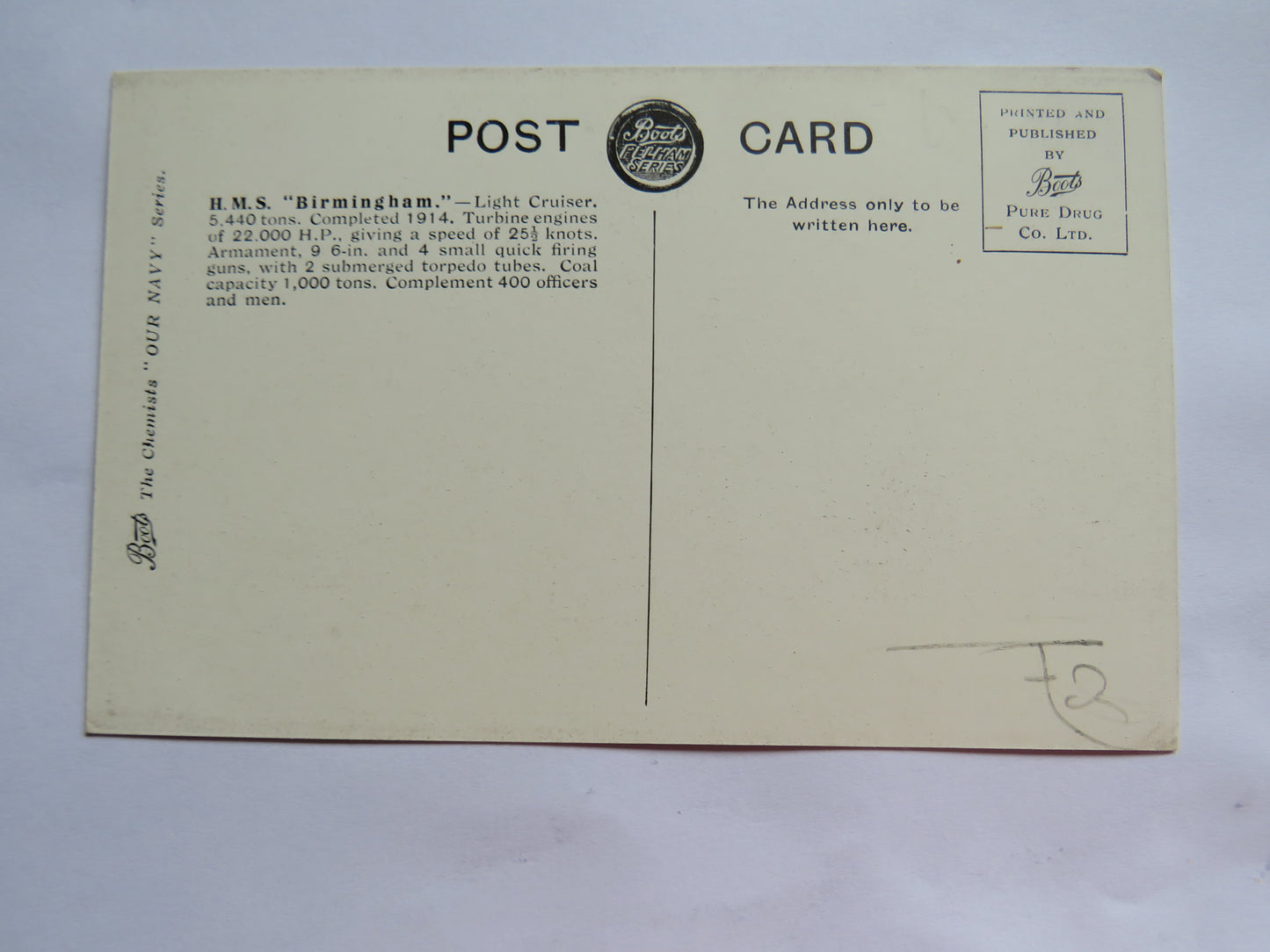 Vintage Warship Postcard of H.M.S / HMS Birmingham