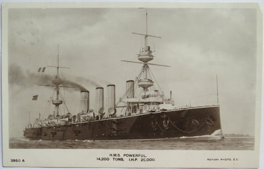 Vintage Warship Postcard of H.M.S / HMS Powerful 1906