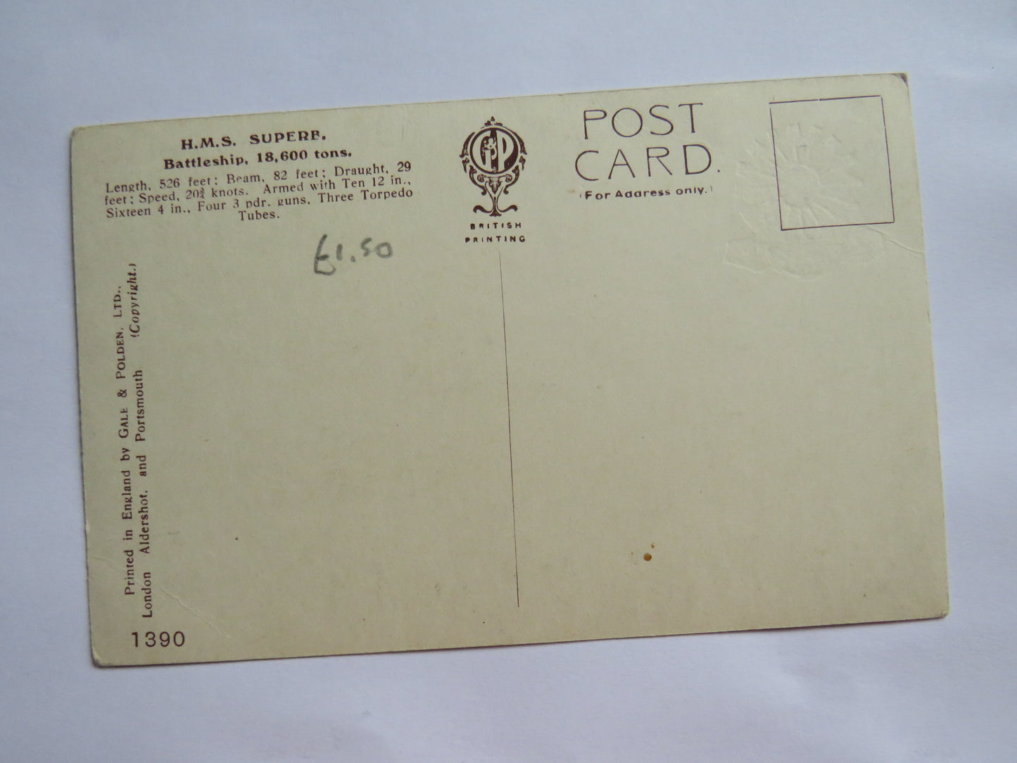 Vintage Warship Postcard of The H.M.S. / HMS Superb Battleship