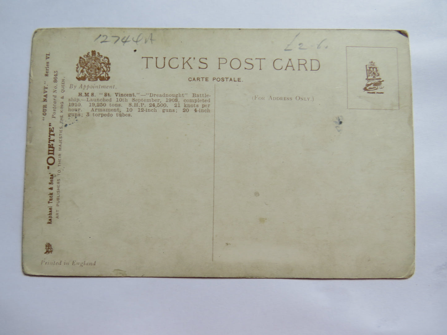 Vintage Warship Postcard of The H.M.S. / HMS St Vincent