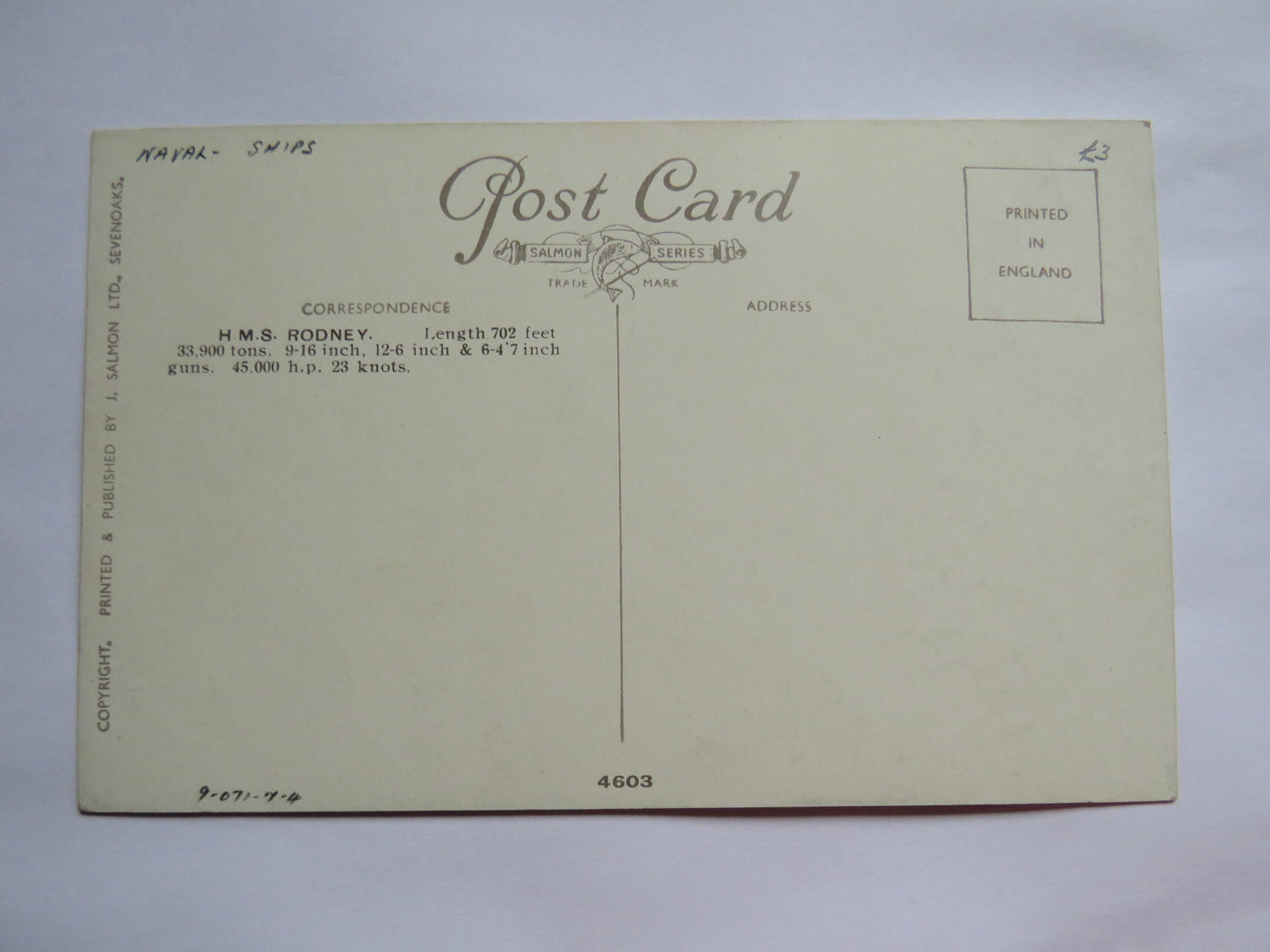 Vintage Warship Postcard of a H.M.S / HMS Rodney