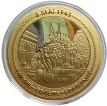 Load image into Gallery viewer, Liberte Egalite Fraternite Large Gold Plated Commemorative Coin End of WWII
