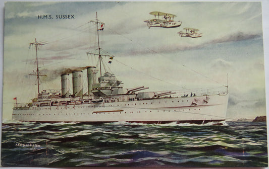 Vintage Warship Postcard of a H.M.S / HMS Sussex