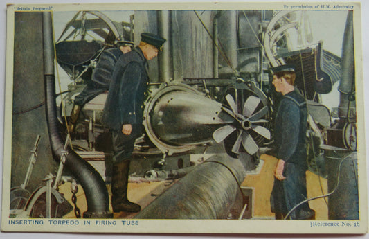 Vintage Warship Postcard of Inserting Torpedo In Firing Tube