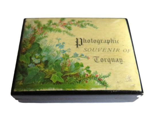 Antique Mauchline Black Lacquer Ware Box Photographic Souvenir of Torquay
