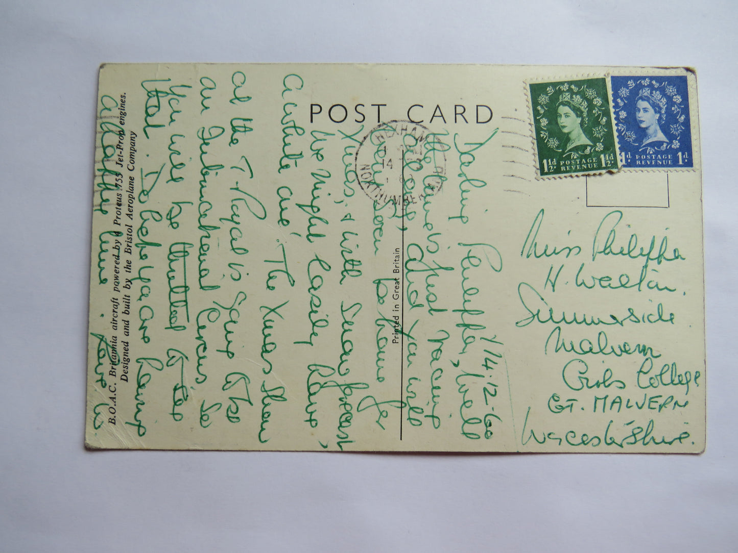 Vintage Postcard of B.O.A.C. Jet-Prop Britannia 312