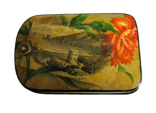 Antique Mauchline Black Lacquer Ware Notepad Image of Guernsey