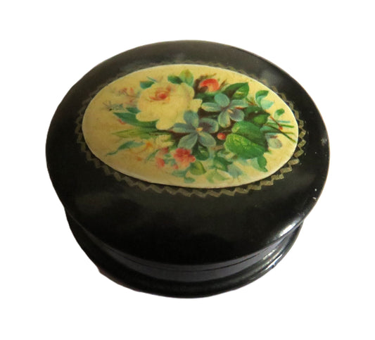 Antique Mauchline Black Lacquer Ware Small Pill Box With Floral Design