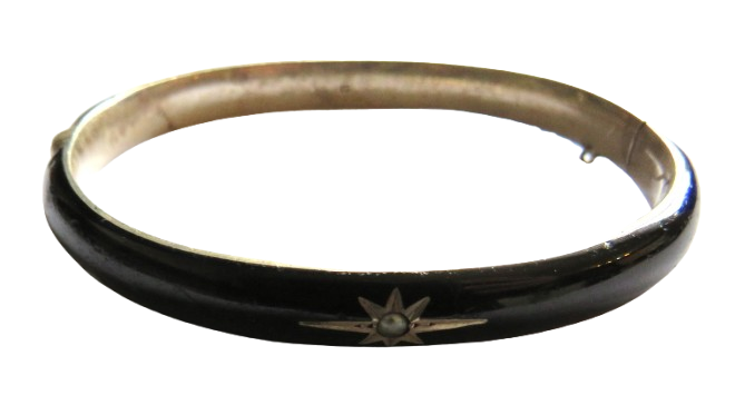 Antique Silver, Black Enamel & Seed Pearl Ladies Bracelet