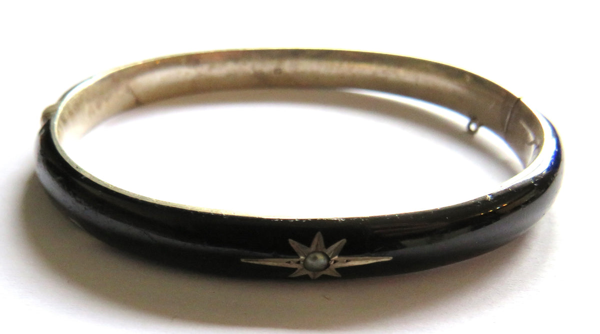 Antique Silver, Black Enamel & Seed Pearl Ladies Bracelet