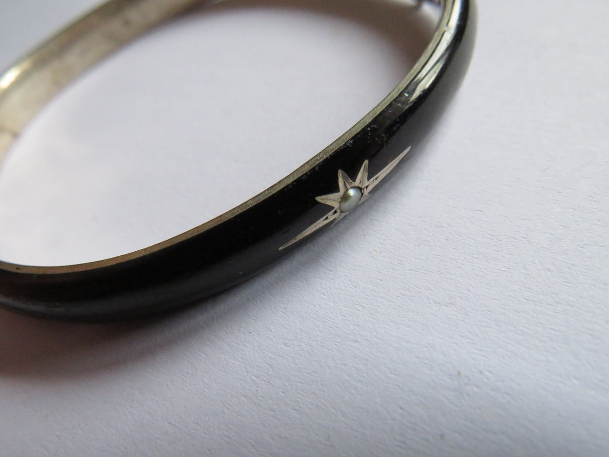 Antique Silver, Black Enamel & Seed Pearl Ladies Bracelet