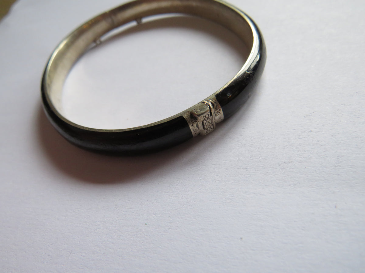 Antique Silver, Black Enamel & Seed Pearl Ladies Bracelet