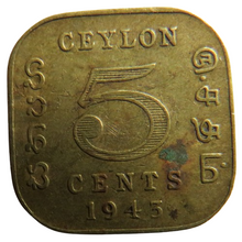 Load image into Gallery viewer, 1943 King George VI Ceylon 5 Cents Coin
