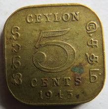 Load image into Gallery viewer, 1943 King George VI Ceylon 5 Cents Coin
